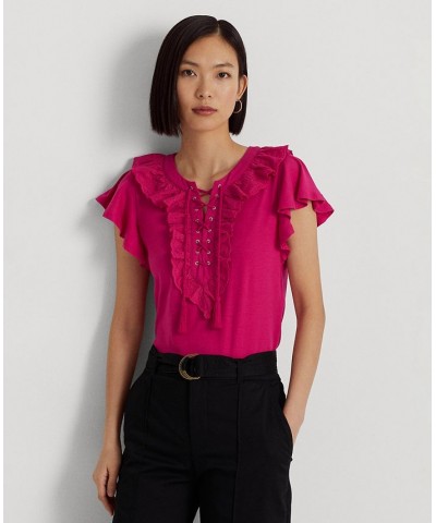 Women's Ruffle-Trim Lace-Up Jersey T-Shirt Pink $43.20 Tops