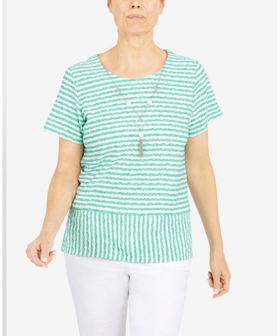 Petite Classics Stripe Texture Knit Top with Necklace Seagreen $29.03 Tops