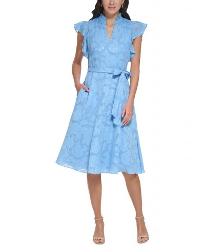 Petite Shimmer-Dot Ruffled-Sleeve Tie-Waist Dress Periwinkle $61.16 Dresses