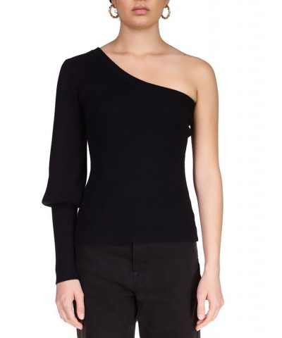 Women's One-Shoulder Ribbed-Knit Sweater Black $28.53 Sweaters