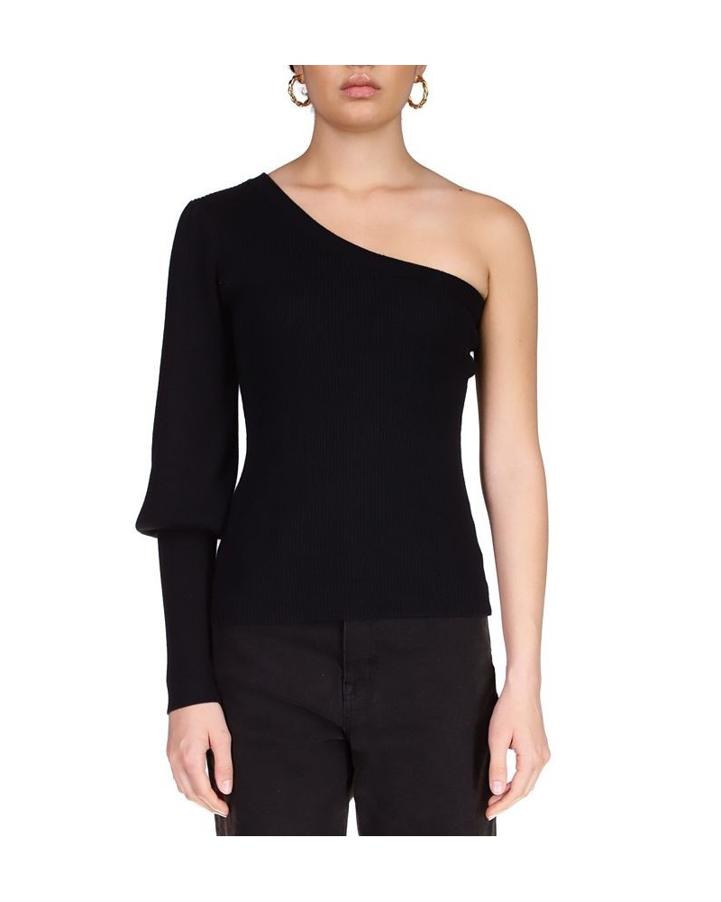 Women's One-Shoulder Ribbed-Knit Sweater Black $28.53 Sweaters