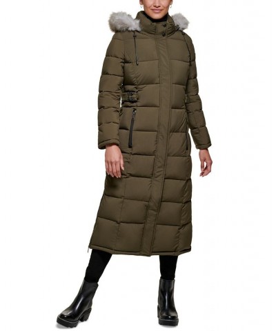 Women's Faux-Fur-Trim Hooded Maxi Puffer Coat Green $86.10 Coats