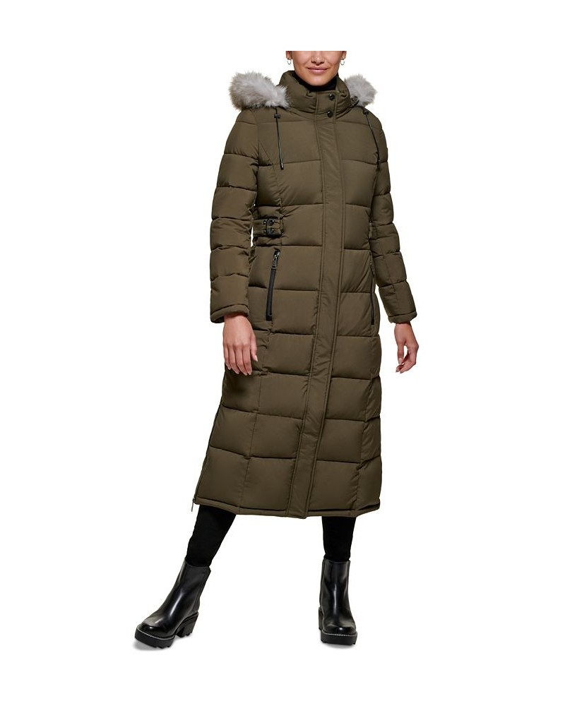 Women's Faux-Fur-Trim Hooded Maxi Puffer Coat Green $86.10 Coats