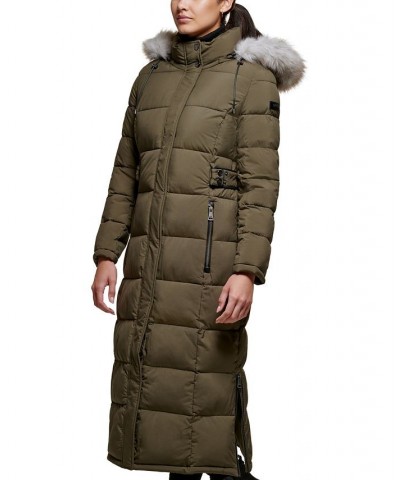 Women's Faux-Fur-Trim Hooded Maxi Puffer Coat Green $86.10 Coats