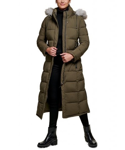 Women's Faux-Fur-Trim Hooded Maxi Puffer Coat Green $86.10 Coats