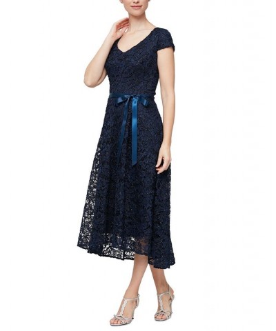 Women's Cap-Sleeve Embellished Lace Midi Dress Navy $83.65 Dresses