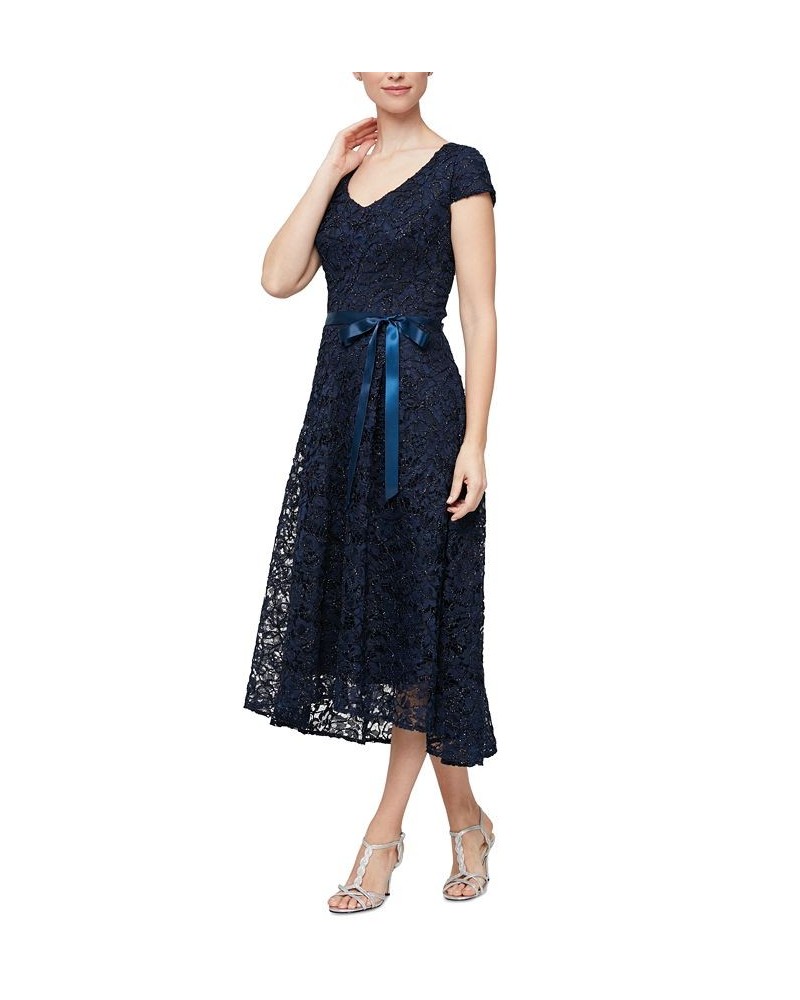 Women's Cap-Sleeve Embellished Lace Midi Dress Navy $83.65 Dresses