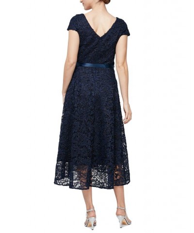 Women's Cap-Sleeve Embellished Lace Midi Dress Navy $83.65 Dresses