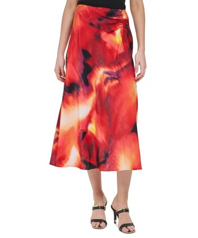 Women's Printed Ruched Satin Skirt Black $27.52 Skirts