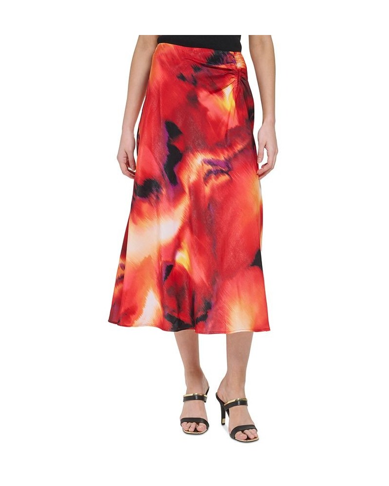 Women's Printed Ruched Satin Skirt Black $27.52 Skirts