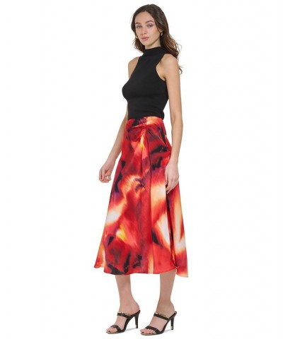 Women's Printed Ruched Satin Skirt Black $27.52 Skirts