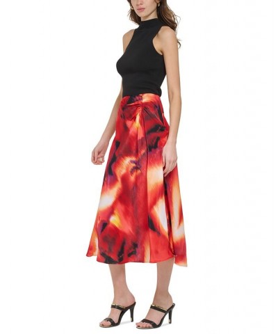 Women's Printed Ruched Satin Skirt Black $27.52 Skirts