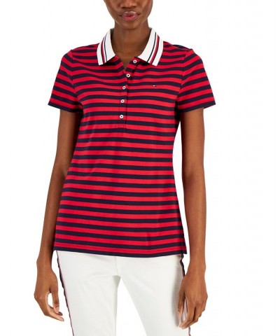 Women's Twin-Tipped Striped Polo Shirt Bi Stripes- Sky Captain/ Scarlet $22.15 Tops