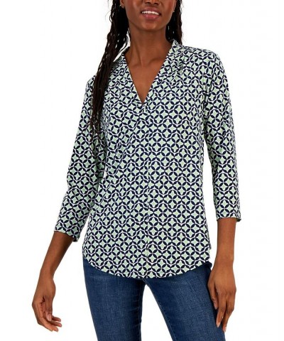 Petite Geometric Print V-Neck 3/4-Sleeve Top Green $18.07 Tops