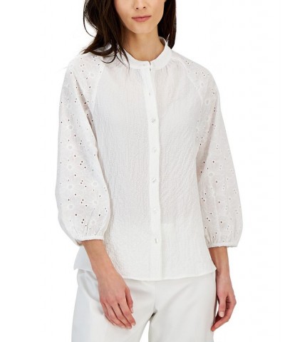 Women's Puff-Sleeve Eyelet-Detail Blouse Bright White $38.70 Tops