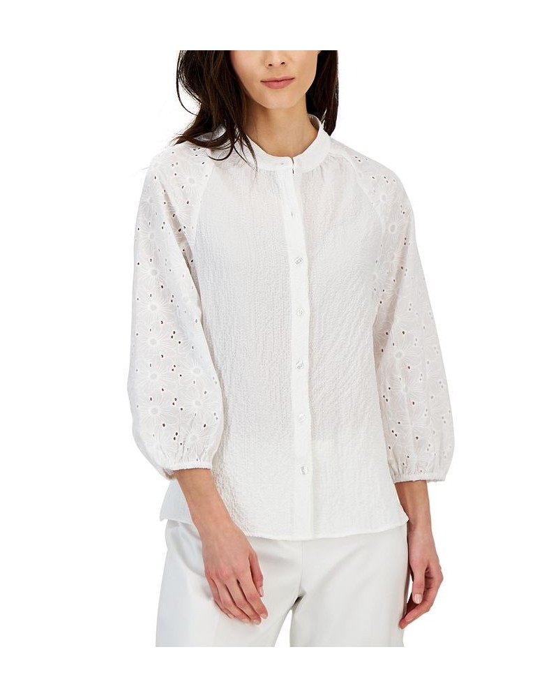 Women's Puff-Sleeve Eyelet-Detail Blouse Bright White $38.70 Tops