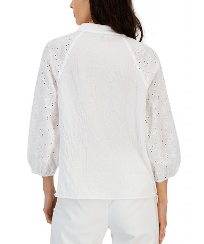 Women's Puff-Sleeve Eyelet-Detail Blouse Bright White $38.70 Tops