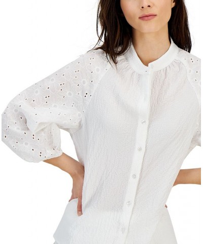 Women's Puff-Sleeve Eyelet-Detail Blouse Bright White $38.70 Tops