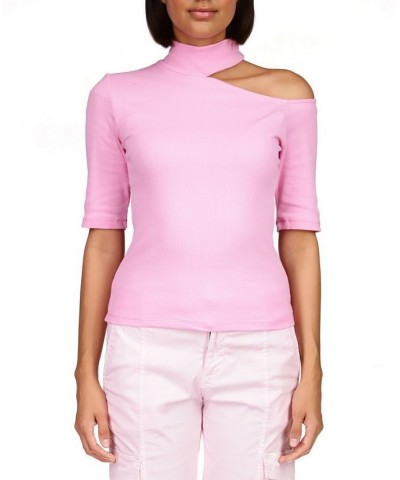 Women's Asymmetrical-Cutout Mock-Neck Top Med Pink $22.91 Tops