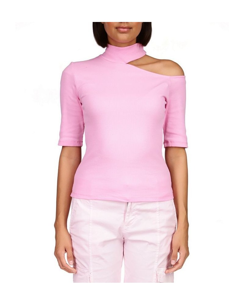 Women's Asymmetrical-Cutout Mock-Neck Top Med Pink $22.91 Tops