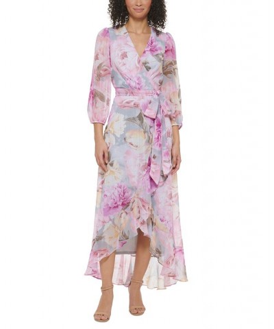 Women's Printed Faux-Wrap High-Low Dress Grey $57.24 Dresses