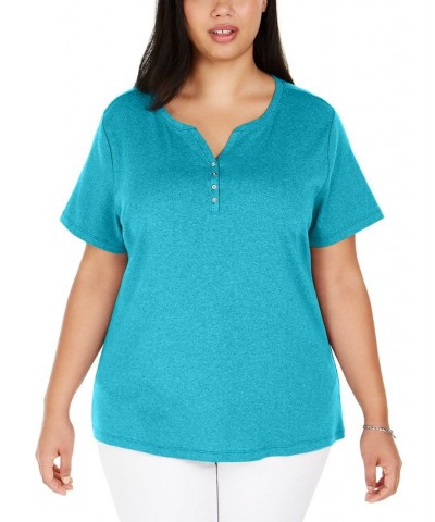 Plus Size Cotton Henley Top Intrepid Blue $8.47 Tops