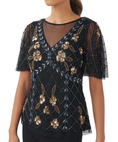 Women's Illusion-Detail Beaded Short-Sleeve Blouse Black Gold $47.16 Tops