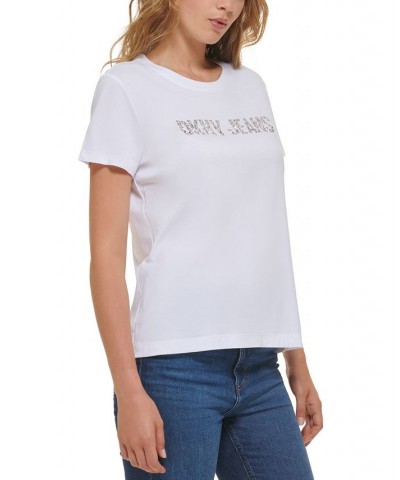 Women's Rhinestone-Logo Crewneck T-Shirt White/Silver $19.07 Tops