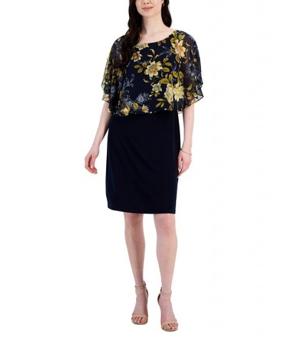 Women's Floral-Print Cape-Overlay Sheath Dress Navy/Mustard $38.27 Dresses