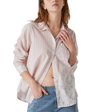 Laura Ashley x Women's Mixed-Print Boyfriend Shirt Pink $42.79 Tops