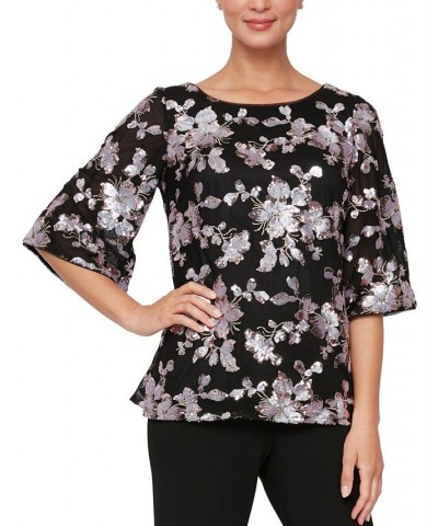 Women's Sequined Floral Blouse Black/Blush $47.70 Tops