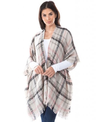 Women's Foil Print Plaid Fringe-Trim Kimono Black $30.53 Sweaters