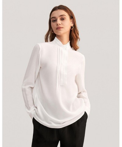 Romantic Stand Collar Silk Shirt for Women Natural white $40.99 Tops