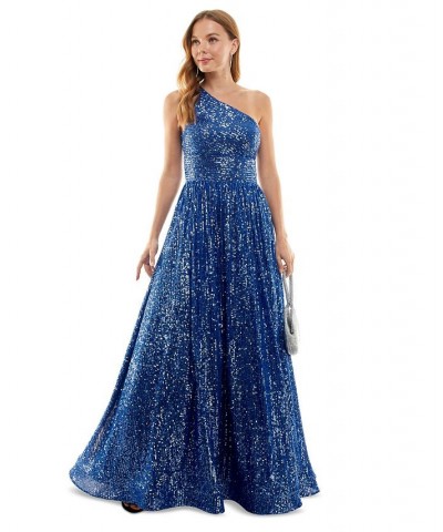 Juniors' One-Shoulder Sequined Ball Gown Sapphire $94.50 Dresses