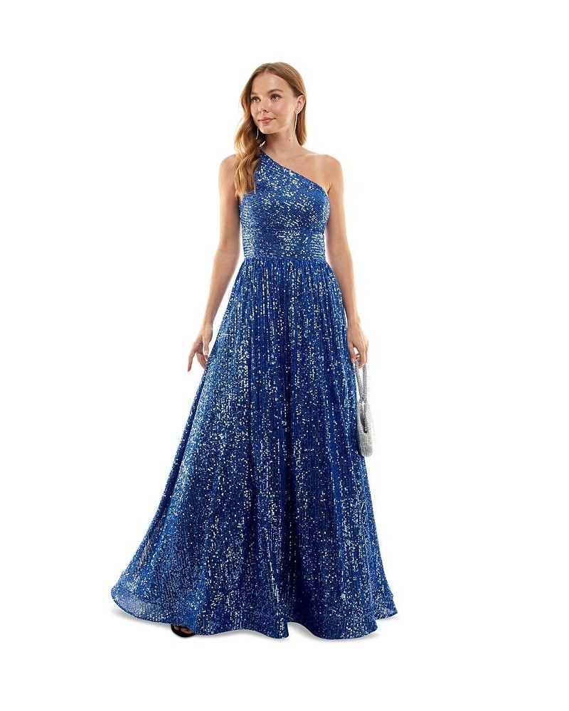 Juniors' One-Shoulder Sequined Ball Gown Sapphire $94.50 Dresses