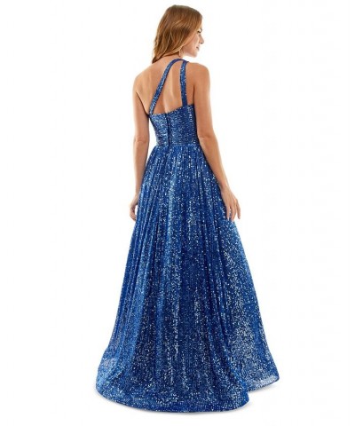 Juniors' One-Shoulder Sequined Ball Gown Sapphire $94.50 Dresses