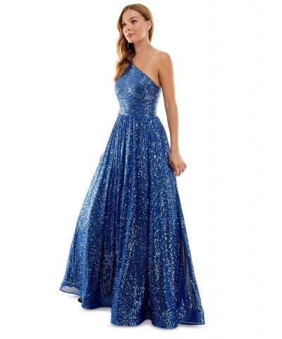 Juniors' One-Shoulder Sequined Ball Gown Sapphire $94.50 Dresses