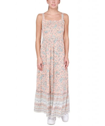 Women's Sleeveless Smocked-Detail Tiered Maxi Dress Peach Paisley $19.23 Dresses