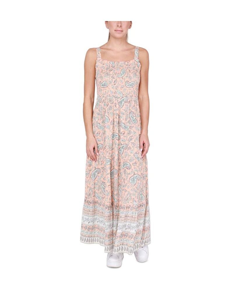 Women's Sleeveless Smocked-Detail Tiered Maxi Dress Peach Paisley $19.23 Dresses