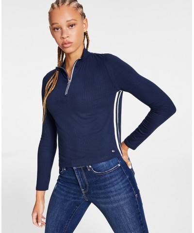 Women's Side-Striped Quarter-Zip Mock-Neck Top Blue $16.09 Tops