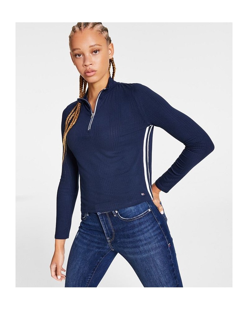 Women's Side-Striped Quarter-Zip Mock-Neck Top Blue $16.09 Tops