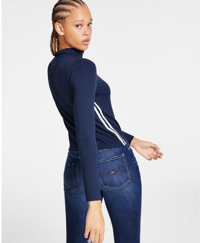 Women's Side-Striped Quarter-Zip Mock-Neck Top Blue $16.09 Tops