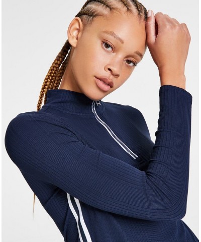 Women's Side-Striped Quarter-Zip Mock-Neck Top Blue $16.09 Tops