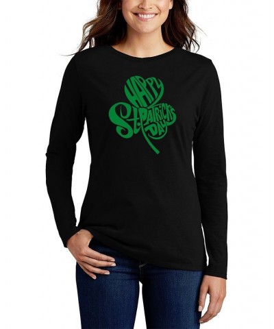 Women's St. Patrick's Day Shamrock Word Art Long Sleeve T-shirt Black $18.50 Tops