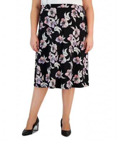 Plus Size Floral Pull-On Waistband Midi Skirt Black Multi $29.39 Skirts