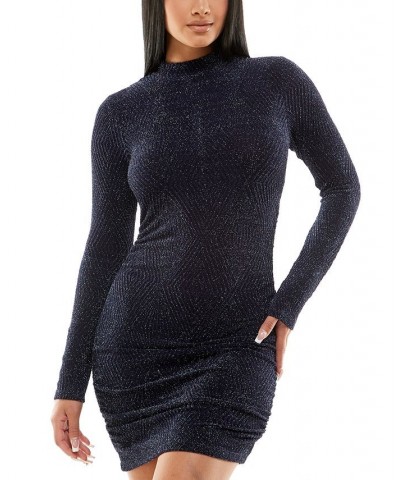 Juniors' Glitter Long-Sleeve Mock-Neck Dress Navy $16.14 Dresses