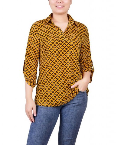 Women's 3/4 Ruched Sleeve Studded Y-neck Top Golden Glow Black Fleur De Lis $13.86 Tops