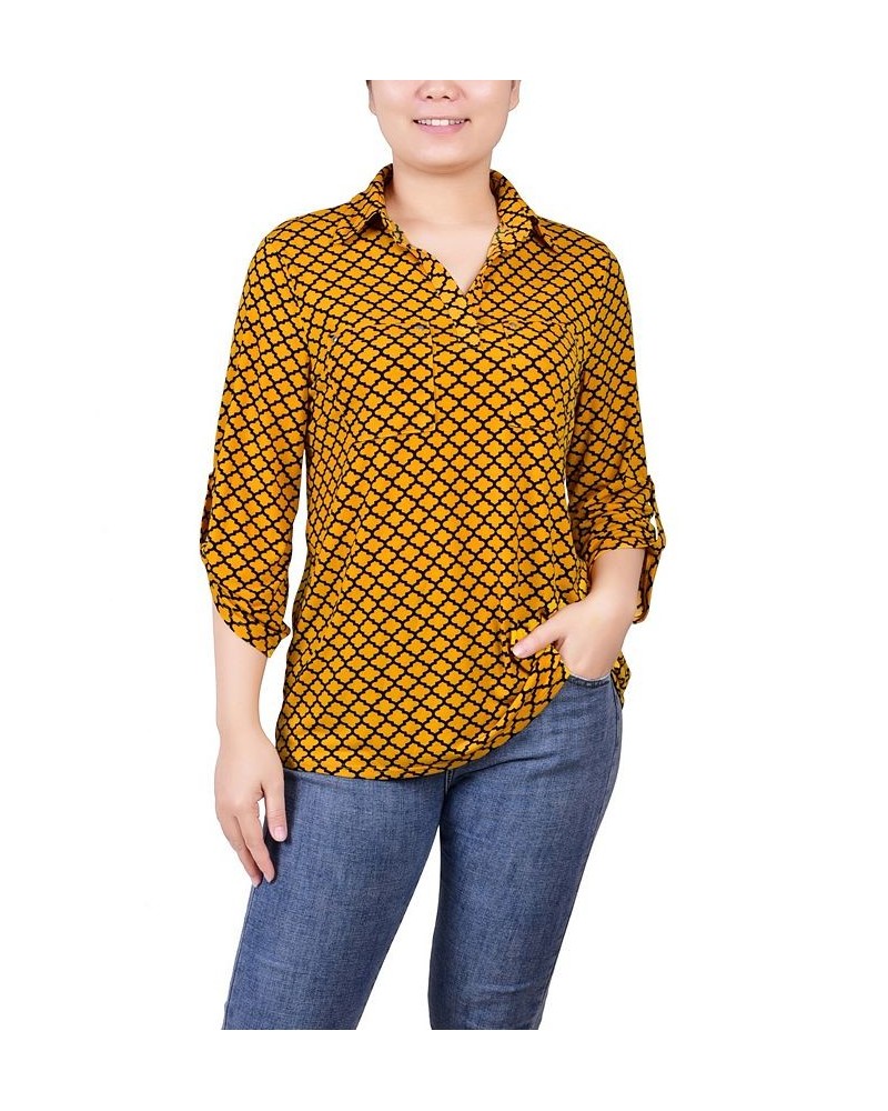 Women's 3/4 Ruched Sleeve Studded Y-neck Top Golden Glow Black Fleur De Lis $13.86 Tops