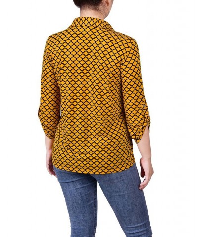 Women's 3/4 Ruched Sleeve Studded Y-neck Top Golden Glow Black Fleur De Lis $13.86 Tops