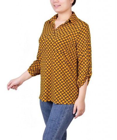 Women's 3/4 Ruched Sleeve Studded Y-neck Top Golden Glow Black Fleur De Lis $13.86 Tops